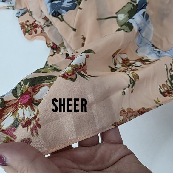 Peach Floral Ruffle Bell Sleeve Sheer Chiffon Blouse M Romantic Boho Spring Top - Picture 8 of 16